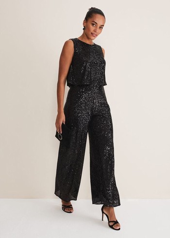 Phase Eight Aubrey Sequin Wide Leg Jumpsuit Black USA | 8065479-OX